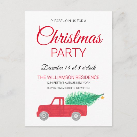 ヴィンテージレッドトラッククリスマス インビテーションポストカード (正面)