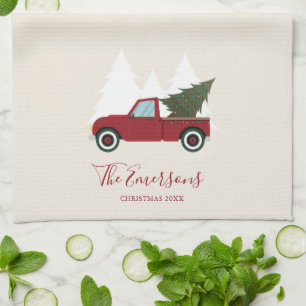 ヴィンテージレッドトラッククリスマス キッチンタオル