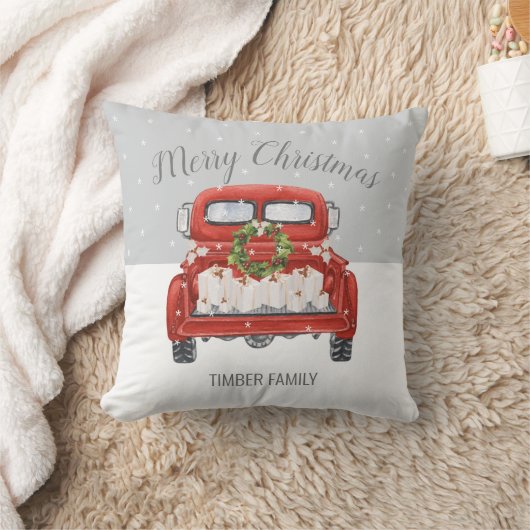 ヴィンテージレッドトラックグレーホワイトクリスマス クッション (ブランケット)