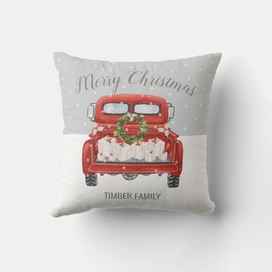 ヴィンテージレッドトラックグレーホワイトクリスマス クッション (裏面)