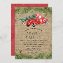 ヴィンテージレッドトラックスノーバーラップ結婚式招待状