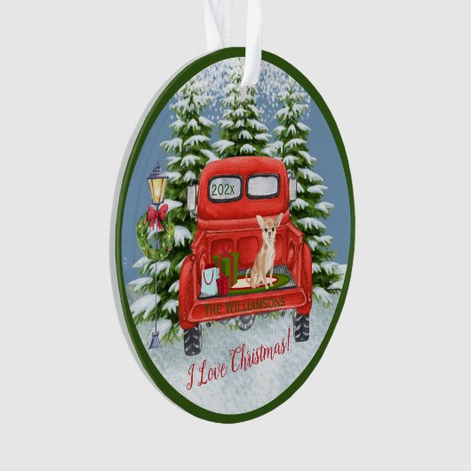 ヴィンテージレッドトラックチワワスノーファミリーネーム オーナメント (正面)