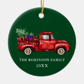 ヴィンテージレッドトラックツリーギフトクリスマスファミリー年 セラミックオーナメント (正面)