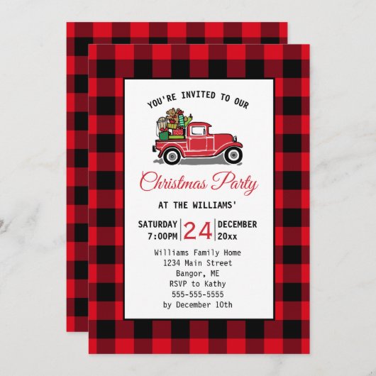 ヴィンテージレッドトラックトイズクリスマスパーティー 招待状 (正面/裏面)