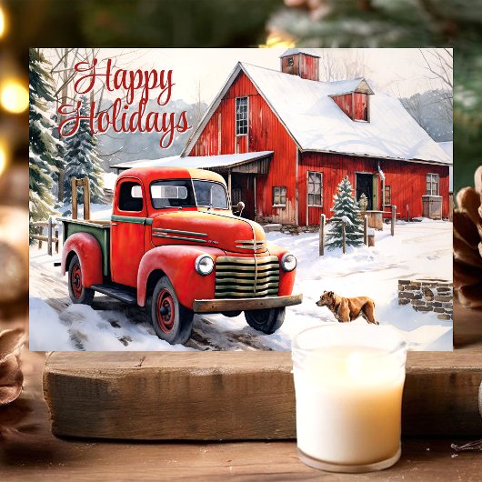 ヴィンテージレッドトラックドッグウィンタークリスマス シーズンカード
