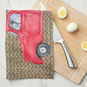 ヴィンテージレッドトラックハッピーホリデー キッチンタオル (四つ折り)