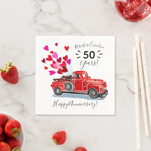 ヴィンテージレッドトラックハート記念日の名前の追加 スタンダードカクテルナプキン (インサイチュ)