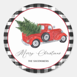 ヴィンテージレッドトラックバッファローチェックのクリスマス ラウンドシール