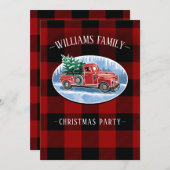 ヴィンテージレッドトラックバッファロープレイドクリスマスパーティー 招待状 (正面/裏面)