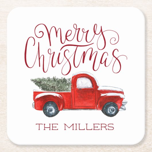 ヴィンテージレッドトラックパーソナライズされたのクリスマスパーティー スクエアペーパーコースター (正面)
