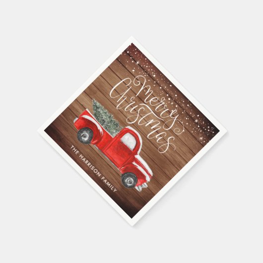 ヴィンテージレッドトラックパーソナライズされたのクリスマスパーティー スタンダードカクテルナプキン (角)