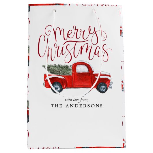 ヴィンテージレッドトラックパーソナライズされたクリスマス抱き枕 ミディアムペーパーバッグ (正面)