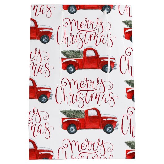 ヴィンテージレッドトラックパーソナライズされたクリスマス抱き枕 ミディアムペーパーバッグ (裏面)