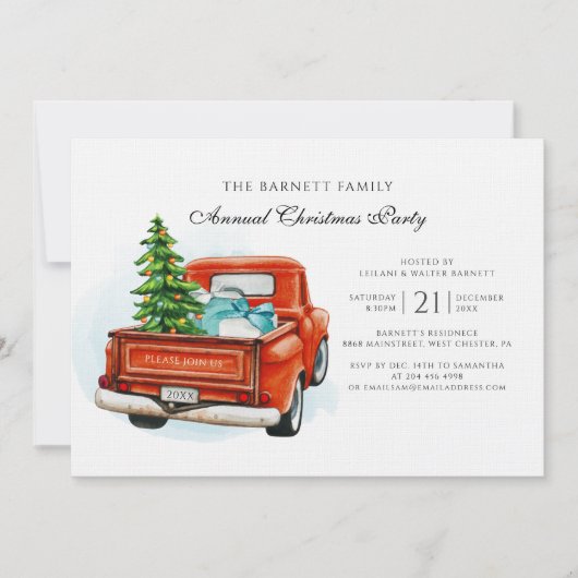 ヴィンテージレッドトラックビジネスクリスマスパーティー 招待状 (正面)