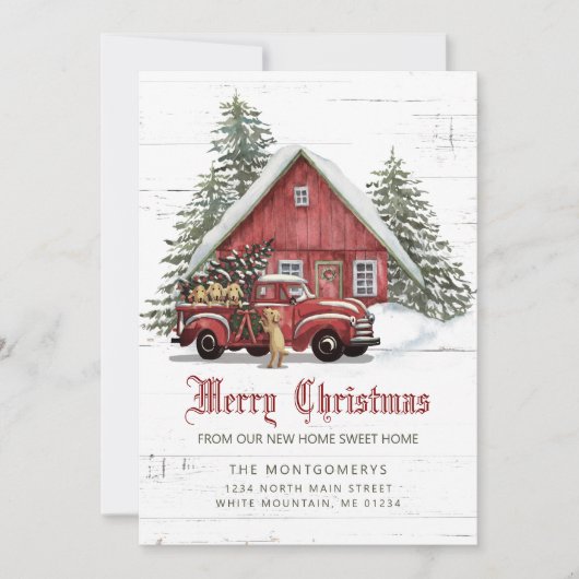 ヴィンテージレッドトラックファームハウスドッグクリスマスムービング 案内状 (正面)