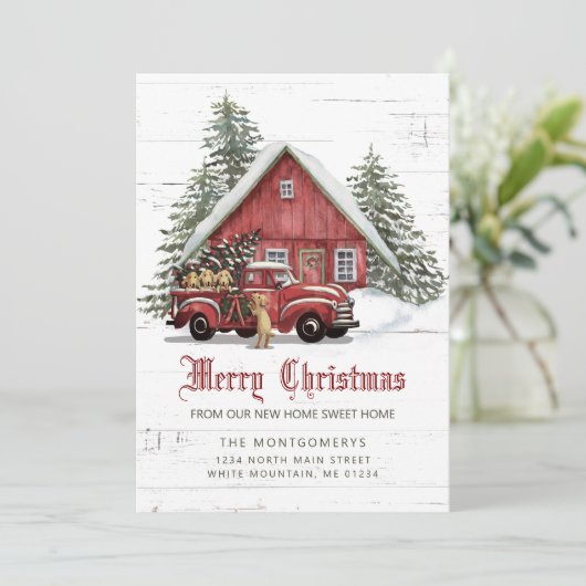 ヴィンテージレッドトラックファームハウスドッグクリスマスムービング 案内状 (スタンド正面)