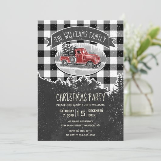 ヴィンテージレッドトラックファームハウスファミリークリスマスパーティー 招待状 (スタンド正面)