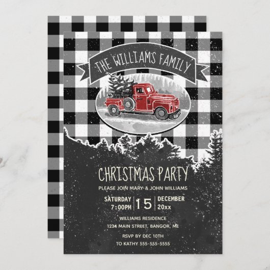 ヴィンテージレッドトラックファームハウスファミリークリスマスパーティー 招待状 (正面/裏面)