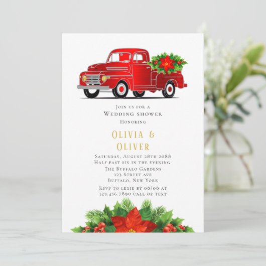 ヴィンテージレッドトラックポインセチアウェディングシャワー 招待状 (スタンド正面)