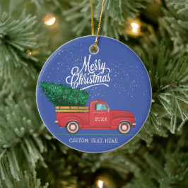 ヴィンテージレッドトラックメリークリスマスカスタム文字年 セラミックオーナメント