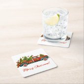 ヴィンテージレッドトラックメリークリスマスツリーグリーティング スクエアペーパーコースター (インサイチュ)