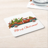 ヴィンテージレッドトラックメリークリスマスツリーグリーティング スクエアペーパーコースター (アングル)