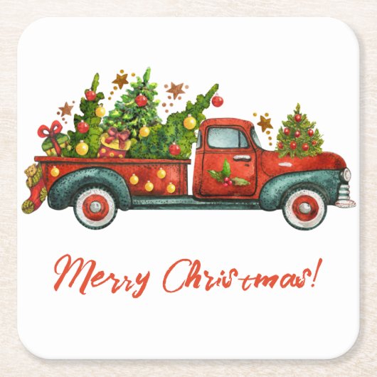 ヴィンテージレッドトラックメリークリスマスツリーグリーティング スクエアペーパーコースター (正面)