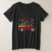 ヴィンテージレッドトラックメリークリスマスツリーファームハウス プラスサイズTシャツ (デザイン正面)