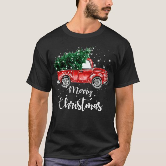 ヴィンテージレッドトラックメリークリスマスツリー Tシャツ (正面)