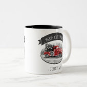 ヴィンテージレッドトラックメリークリスマスネームレトロ ツートーンマグカップ (正面右)