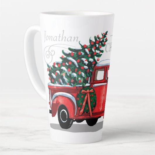 ヴィンテージレッドトラックメリークリスマスモノグラム名 カフェラテマグ (左アングル)