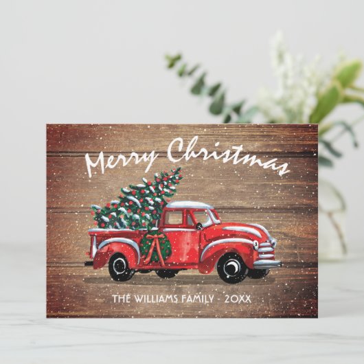ヴィンテージレッドトラックメリークリスマス素朴ウッド シーズンカード (スタンド正面)