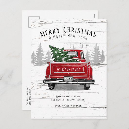 ヴィンテージレッドトラックメリークリスマス素朴正月 シーズンポストカード (正面/裏面)