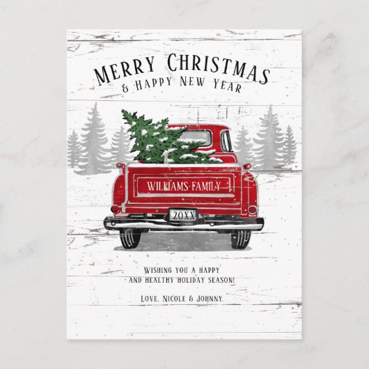 ヴィンテージレッドトラックメリークリスマス素朴正月 シーズンポストカード (正面)