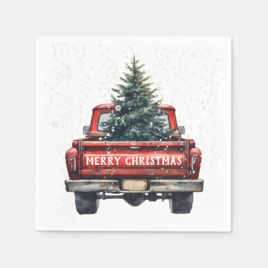 ヴィンテージレッドトラックメリークリスマス スタンダードカクテルナプキン (正面)