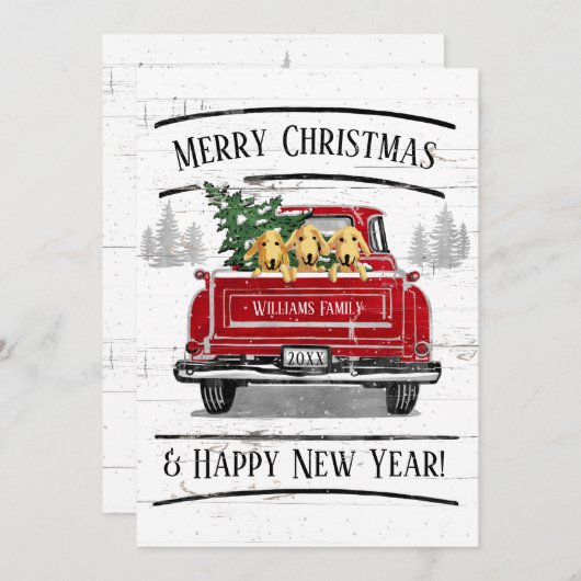 ヴィンテージレッドトラックラブラドールドッグズメリークリスマス シーズンカード (正面/裏面)