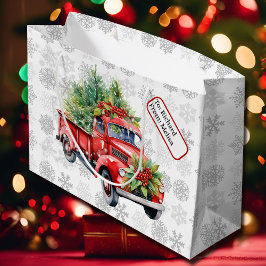 ヴィンテージレッドトラック名前をカスタムするラベルクリスマスススススノー ラージペーパーバッグ