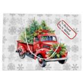 ヴィンテージレッドトラック名前をカスタムするラベルクリスマスススススノー ラージペーパーバッグ (裏面)