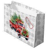 ヴィンテージレッドトラック名前をカスタムするラベルクリスマスススススノー ラージペーパーバッグ (正面アングル)
