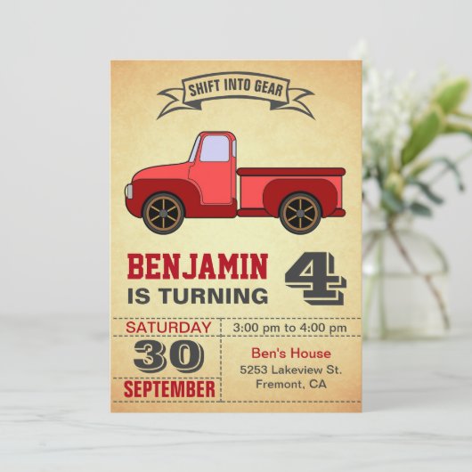 ヴィンテージレッドトラック子供の誕生日パーティの招待状 招待状 (スタンド正面)