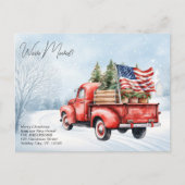 ヴィンテージレッドトラック愛国的な米国国旗の休日の移動 ポストカード (正面)