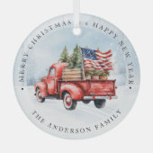ヴィンテージレッドトラック愛国米国国旗のクリスマス ガラスオーナメント (正面)