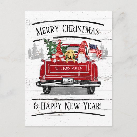 ヴィンテージレッドトラック格言カップル犬愛国的クリスマス シーズンポストカード (正面)