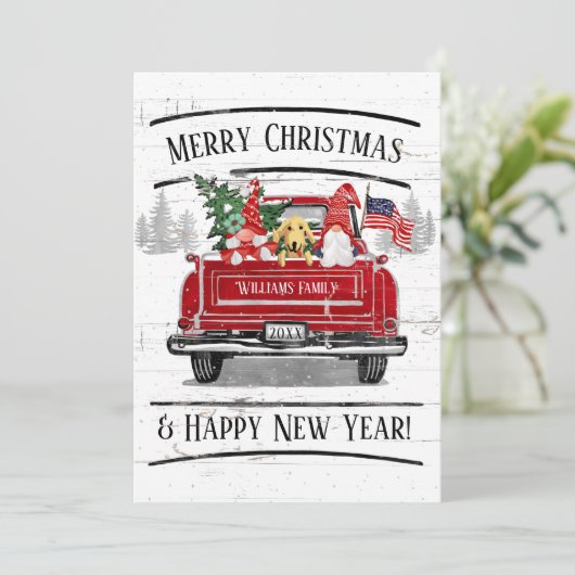 ヴィンテージレッドトラック格言ドッグカップル愛国的クリスマス シーズンカード (スタンド正面)