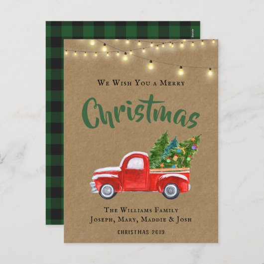 ヴィンテージレッドトラック水カラー素朴クリスマスホール シーズンポストカード (正面/裏面)