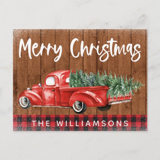 ヴィンテージレッドトラック水牛の格子名クリスマス シーズンポストカード (正面)