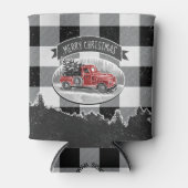 ヴィンテージレッドトラック白黒バッファロープレイド 缶クーラー (正面)