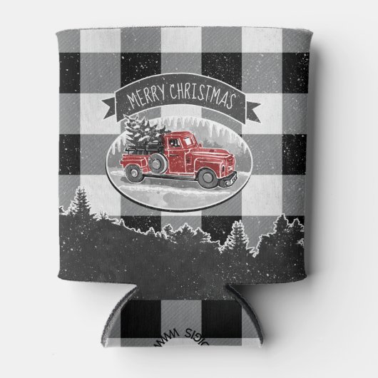 ヴィンテージレッドトラック白黒バッファロープレイド 缶クーラー (正面)