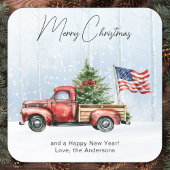 ヴィンテージレッドトラック米国国旗の愛国的なクリスマス スクエアシール