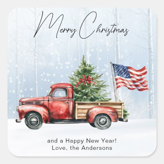 ヴィンテージレッドトラック米国国旗の愛国的なクリスマス スクエアシール (正面)